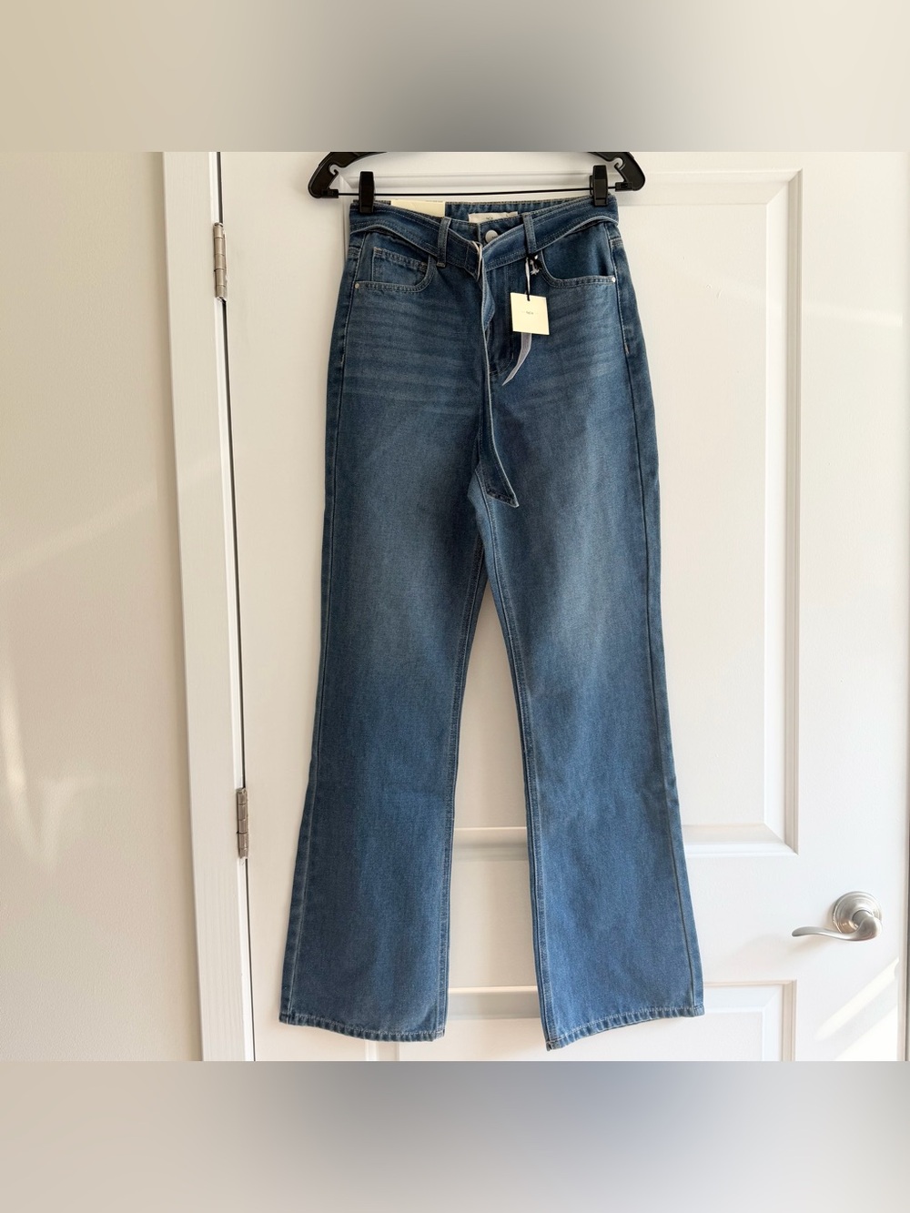 Francesca’s TGLA High Rise Flare Belted Denim Jeans NWT
